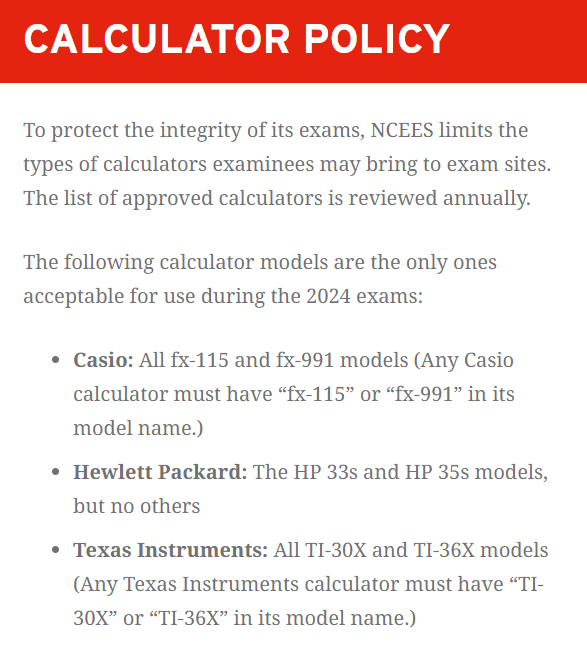 The list of approved calculators for 2024 by NCEES