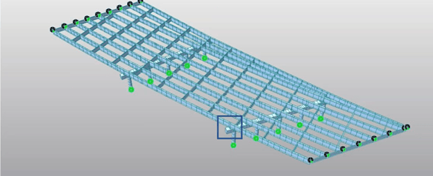 Figure 1. Skewed steel girder bridge with sub beam and variable girder span lengths