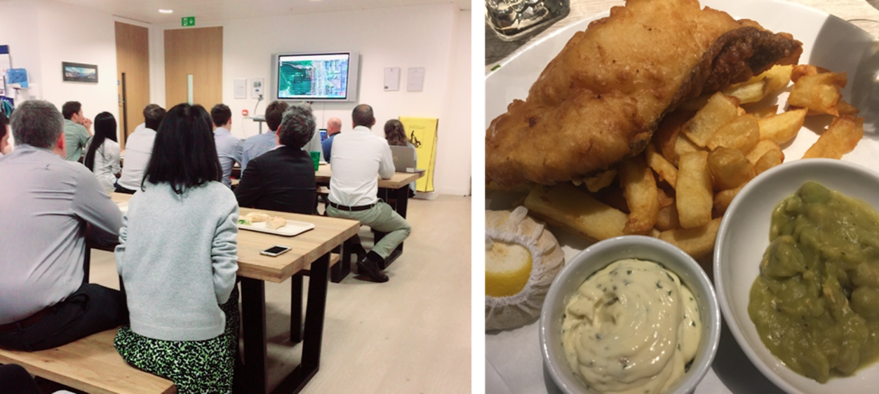 (Left) Lunch meeting at the London office (Right) Fish and chips after work
