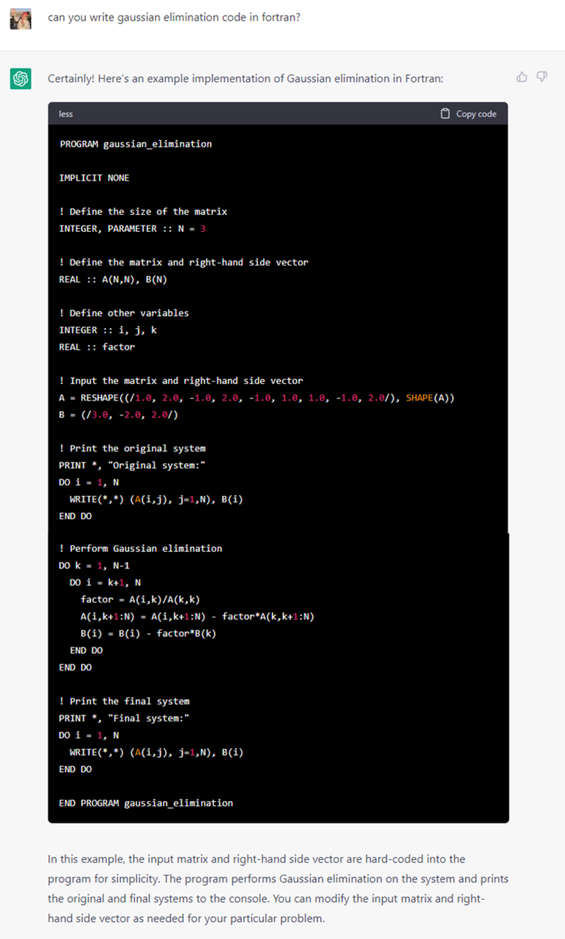 Fortran code for Gaussian elimination written by chatGPT
